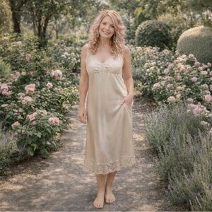 Vintage 80s/90s Nude Satin Slip Dress Lace Trim Festival Bridal Coquette